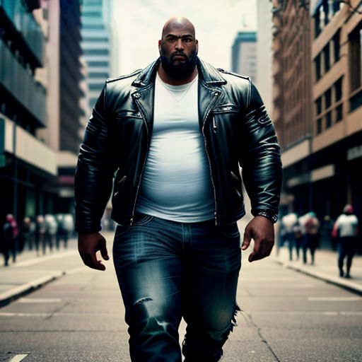 a man in a leather jacket walking down a street with a skateboard in his hand and a man in a white shirt and jeans