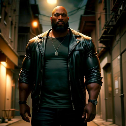 a man in a black leather jacket standing in a hallway with a light on the ceiling and a black clock on the wall