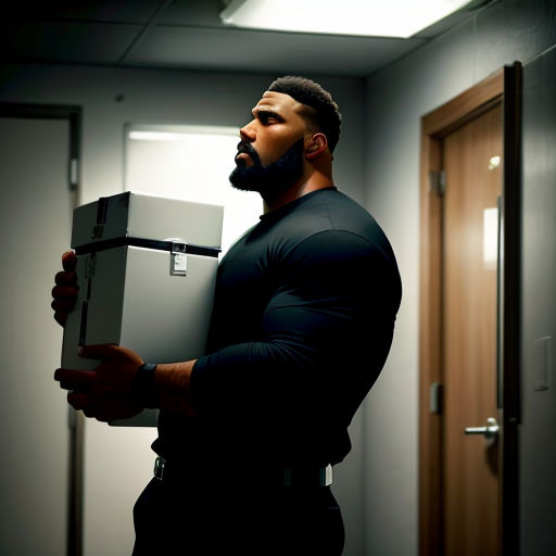 a man holding a box in a hallway with a door in the background and a light on the ceiling
