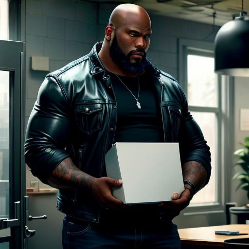 a man in a black jacket holding a laptop computer in his hands and looking at the screen with a serious look on his face