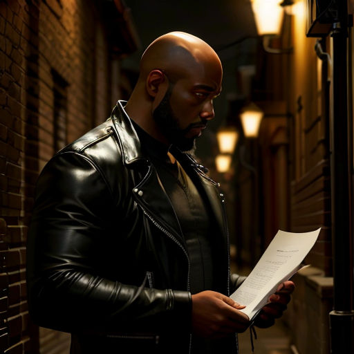 a man in a leather jacket holding a piece of paper in his hand and looking at it while standing in a dark alleyway