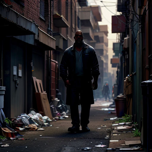 a man walking down a street next to a bunch of trash on the ground and buildings in the background