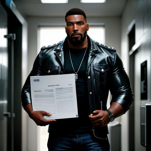 a man in a black jacket holding a paper in his hand and a black jacket on his shoulder and a black shirt on his chest