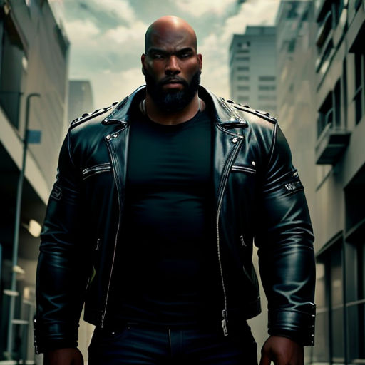 a man in a black leather jacket is walking down a street with a gun in his hand and a building in the background