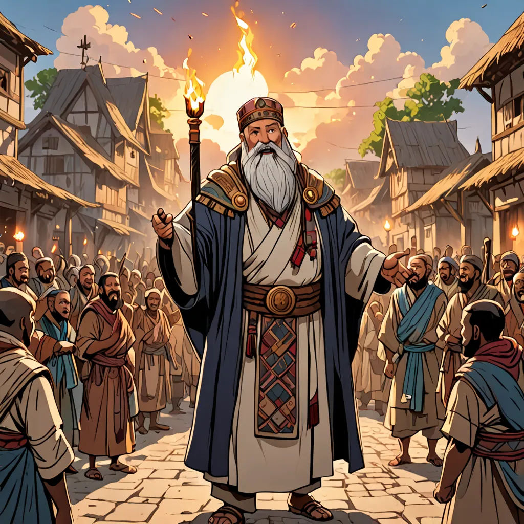 a cartoon of a man with a staff in a crowd of people in a village with buildings and a fire, samikshavad, a storybook illustration, Asaf Hanuka, magic the gathering artwork