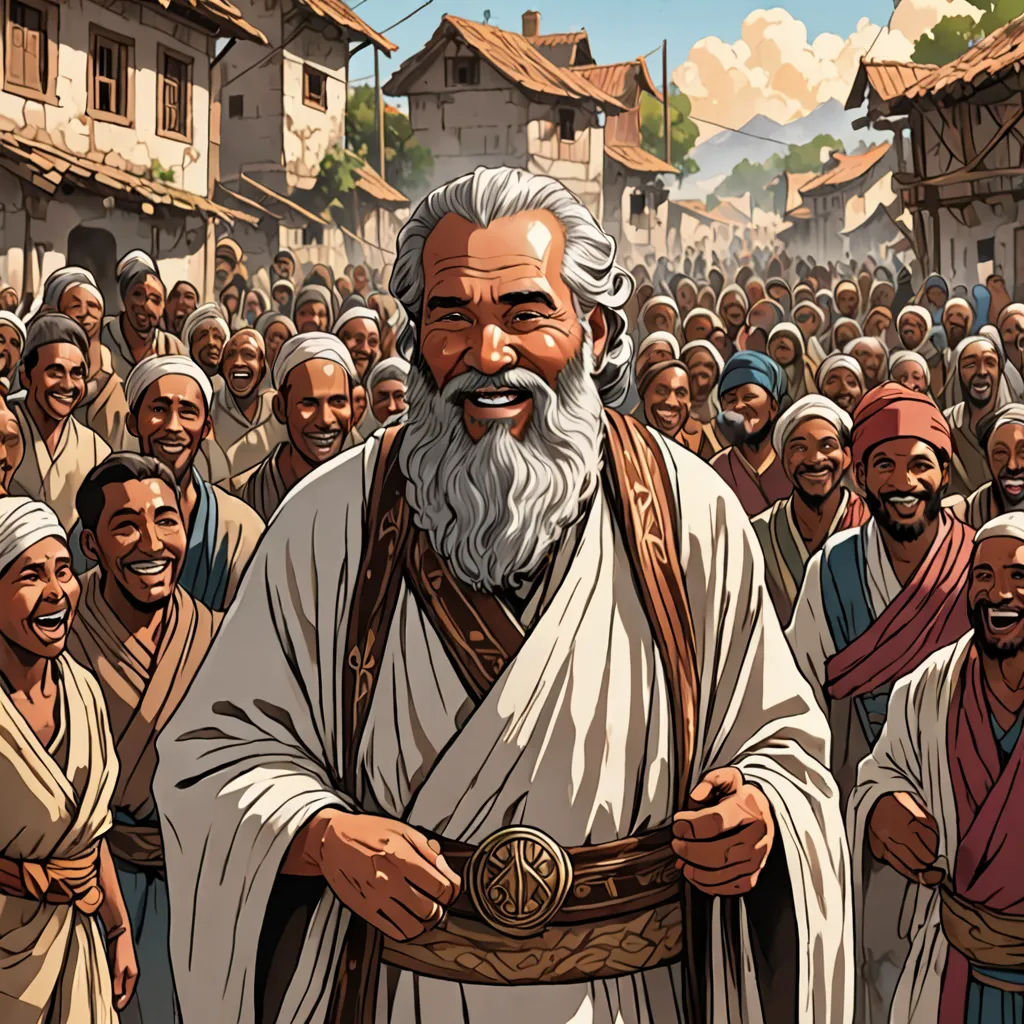 a man with a beard and a white beard standing in front of a crowd of people with a cross, les nabis, a comic book panel, Asaf Hanuka, graphic novel