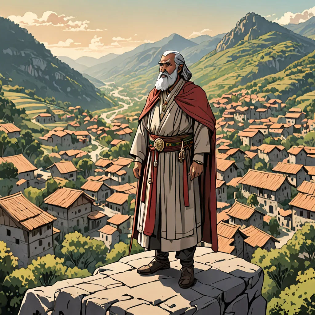 a man in a red cape standing on a rock with a city in the background and mountains in the distance, les nabis, a comic book panel, Asaf Hanuka, official art