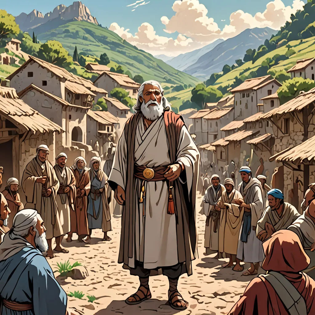 a painting of a man standing in front of a crowd of people in a village with mountains in the background, incoherents, a comic book panel, Asaf Hanuka, graphic novel