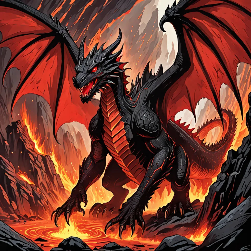a dragon with red eyes and a black body is standing in a lava pit with lava and rocks surrounding it, fantasy art, a comic book panel, Anne Stokes, dragon art