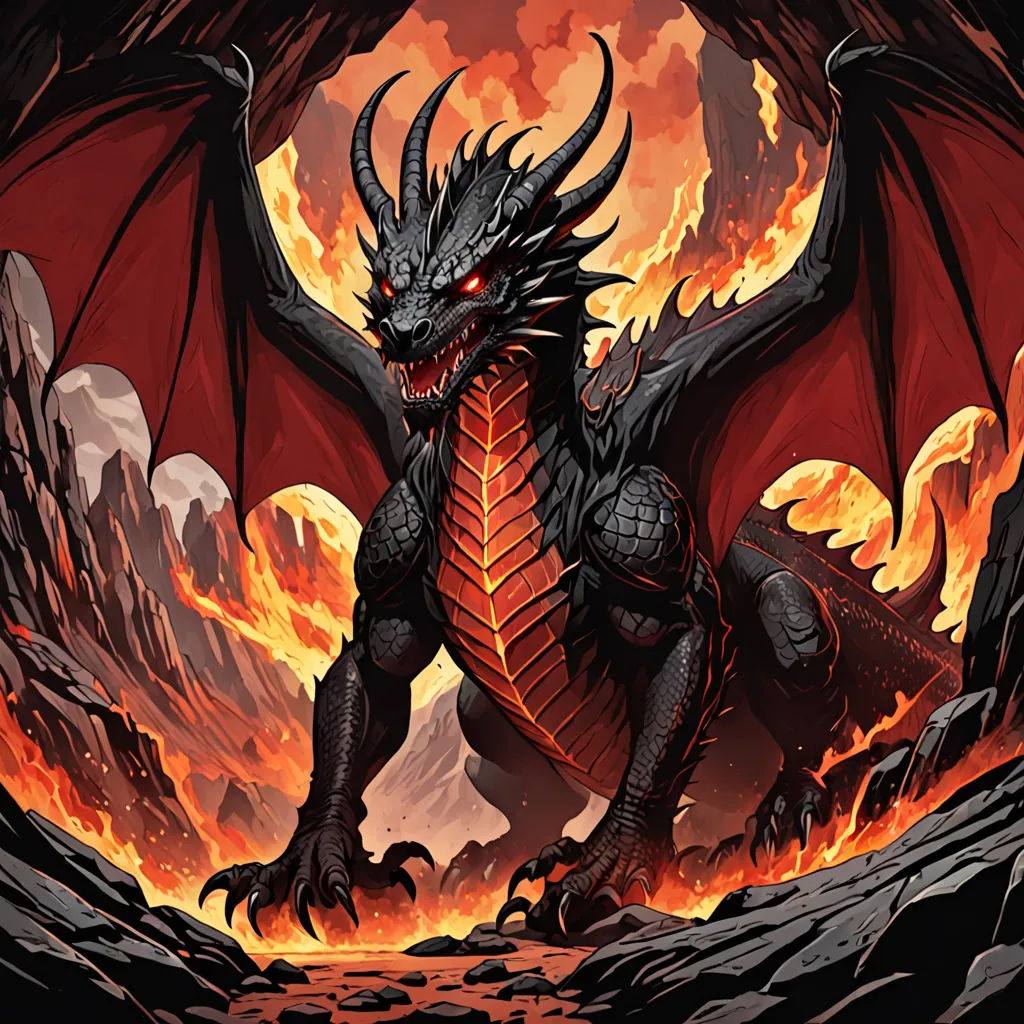 a dragon with a red flame on its face and wings, standing in a cave with lava and rocks, fantasy art, concept art, Anne Stokes, dragon art