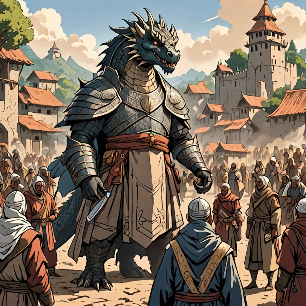 a painting of a dragon standing in front of a crowd of people in medieval clothing and armor, with a castle in the background, fantasy art, a comic book panel, Andreas Rocha, dragon art