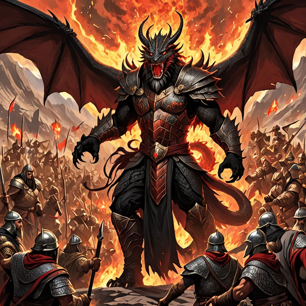 a painting of a demon standing in front of a group of men in armor and helmets with fire in the background, fantasy art, concept art, Anne Stokes, magic the gathering artwork