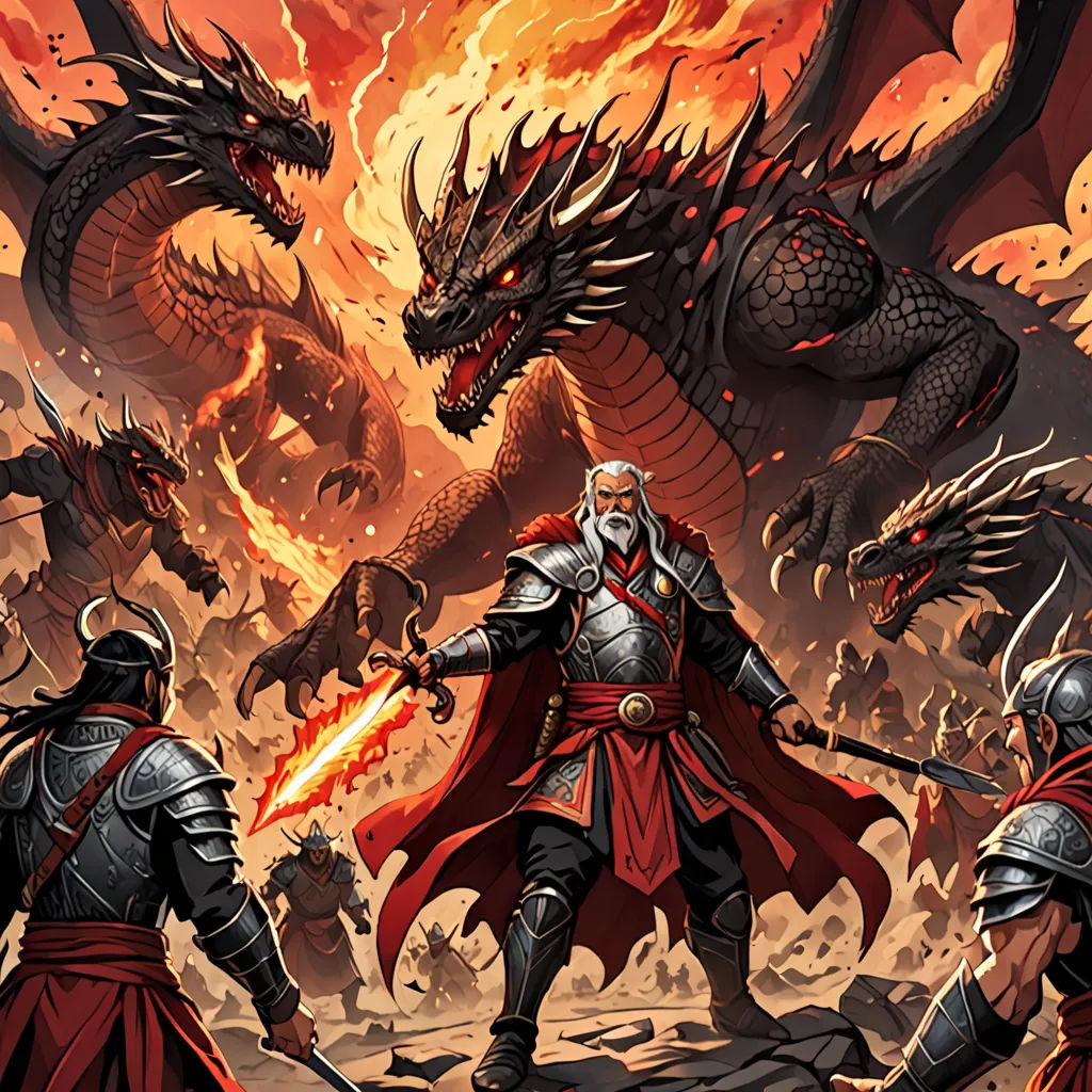 a group of men in armor standing next to a dragon and a demon on a rocky hill with fire, fantasy art, a comic book panel, Andreas Rocha, epic fantasy character art