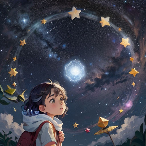 a girl looking up at the stars in the sky with a telescope in her hand and a star in the sky above her