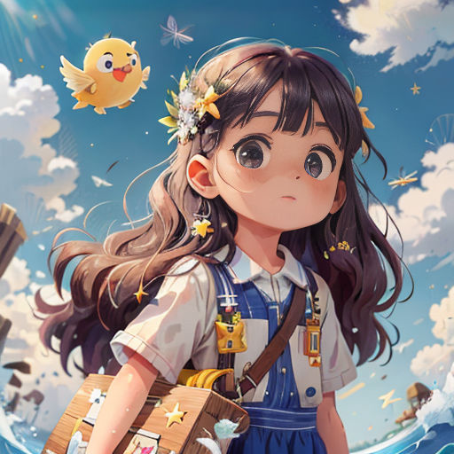 a girl with long hair and a bird in her hair is standing in front of a blue sky with clouds and a bird