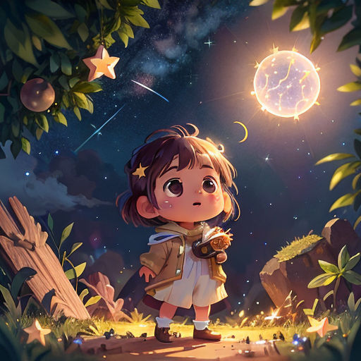 a little girl standing under a tree under a full moon with stars and a star - filled sky behind her