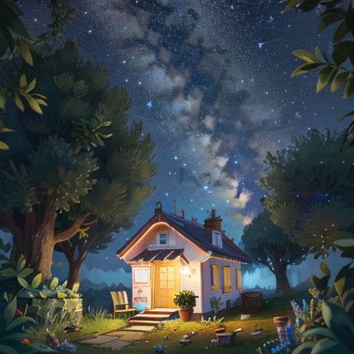 a painting of a house in the woods under a night sky with stars and clouds above it is a path leading to a porch with a bench and a potted plant