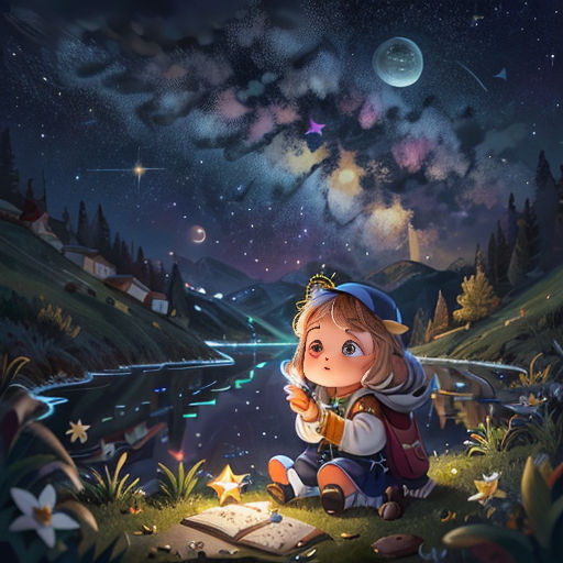a girl sitting on a rock looking at a book in the night sky with stars and a book in her hand