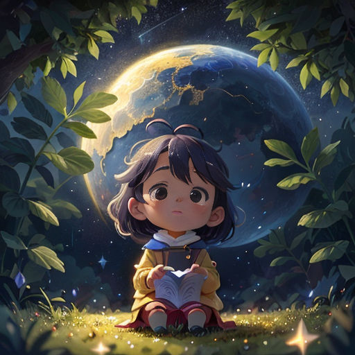 a little girl sitting on the ground in front of a tree and a moon with leaves around her, reading a book