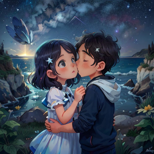 a couple kissing in front of a night sky with stars and a seagull flying overhead in the background