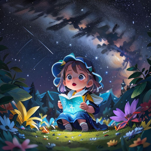 a little girl sitting on a hill reading a book under a night sky with stars and clouds above her