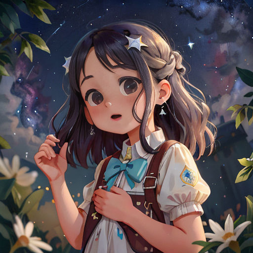 a girl with a star on her head and a backpack on her shoulder standing in a field of flowers