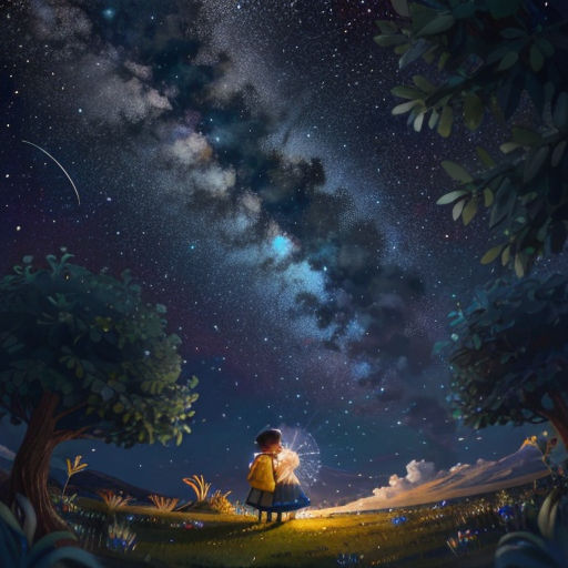 a painting of a person sitting under a night sky with stars and a milky background with trees and grass
