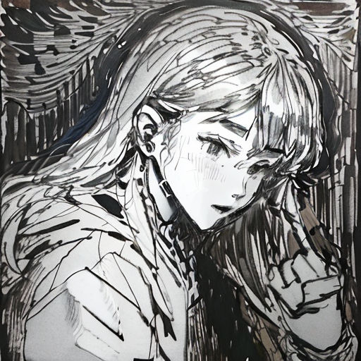 a drawing of a woman with her hand on her face and her hand on her chin, with a black and white background