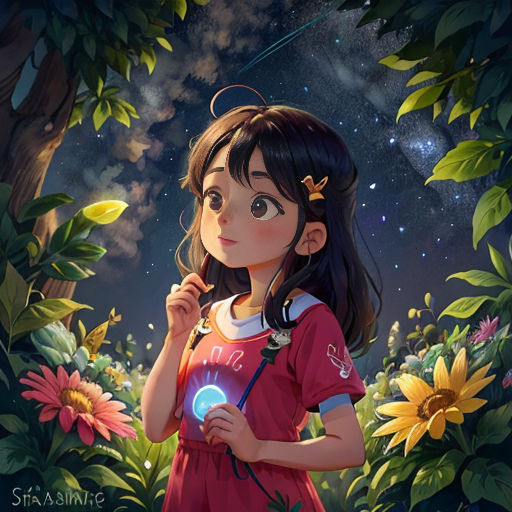 a girl in a red dress holding a light in her hand and looking up at the sky with a flower in her hand