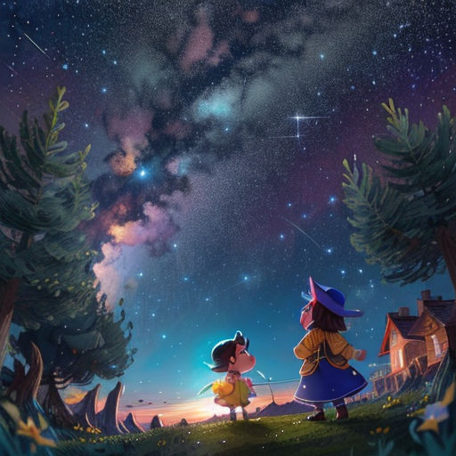 a cartoon scene of two children looking at the stars in the sky above them, with a little girl standing on a hill