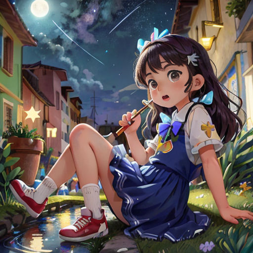 a girl sitting on the ground with a flute in her hand and a night sky background with stars and a moon