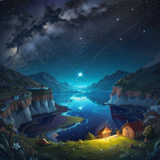a painting of a night scene with a lake and a house in the middle of it with a star above it