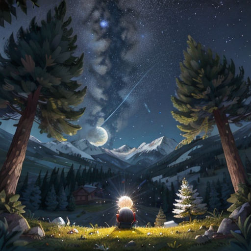 a painting of a person sitting in a field under a night sky with stars and a bright light shining on the ground
