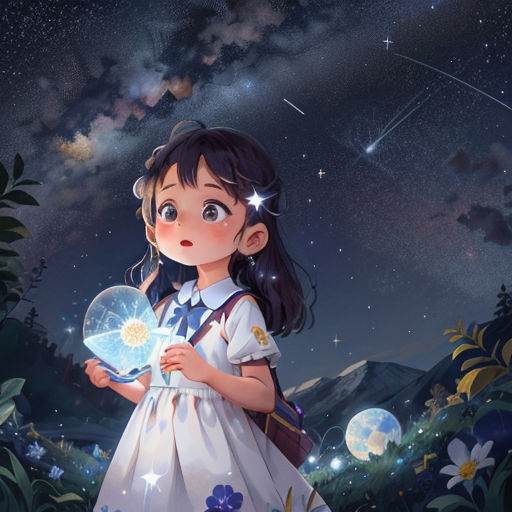 a girl holding a fan in her hand under a night sky with stars and a moon in the background