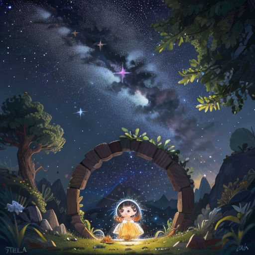 a girl in a yellow dress sitting under a night sky with stars and a star filled sky above her
