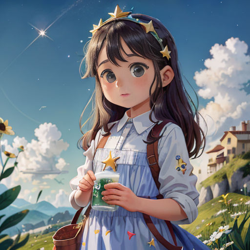 a girl in a dress holding a cup of coffee in a field of flowers and stars in the sky