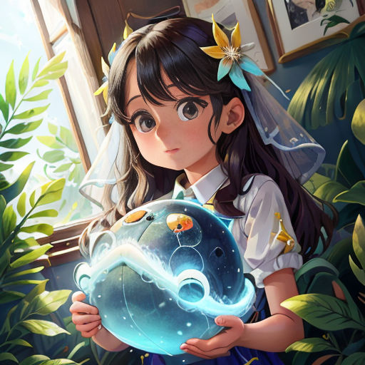 a girl holding a crystal ball in her hands and a butterfly on her head, in front of a window