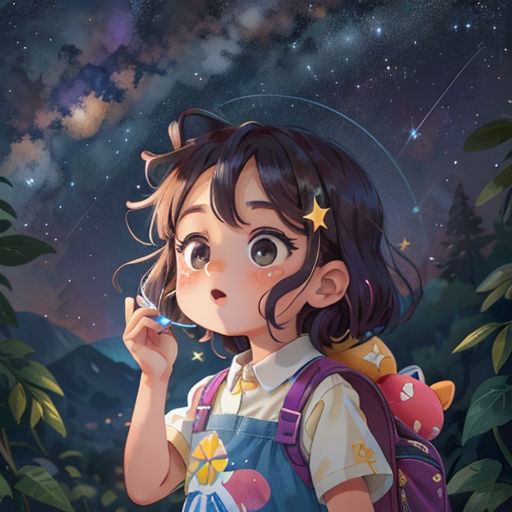 a girl with a backpack and stars on her head is looking up at the stars in the sky above her