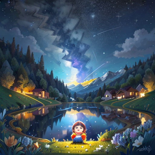 a painting of a girl sitting on a hill by a lake at night with a sky background and stars