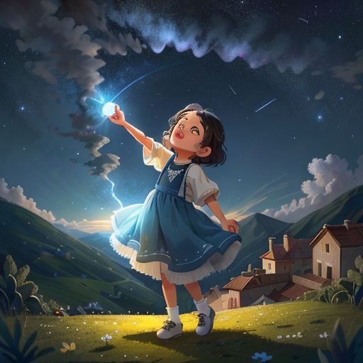 a girl in a blue dress is holding a star in the sky above a field with houses and a mountain