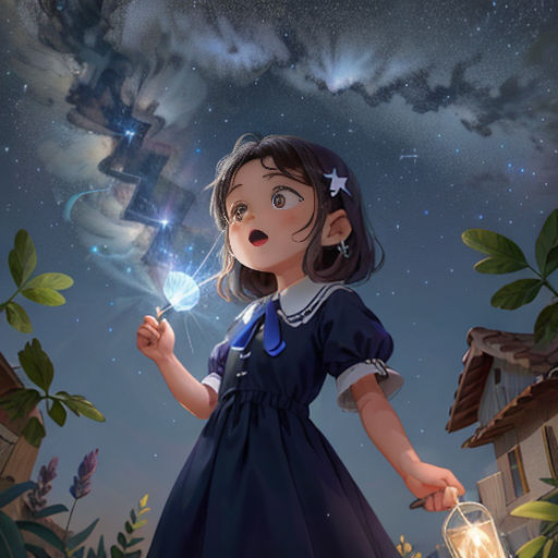 a girl in a blue dress holding a lantern in her hand and looking up at the sky with stars