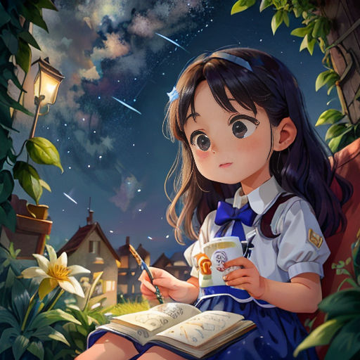 a girl sitting on a bench writing on a book and holding a pen and a bookmark in her hand