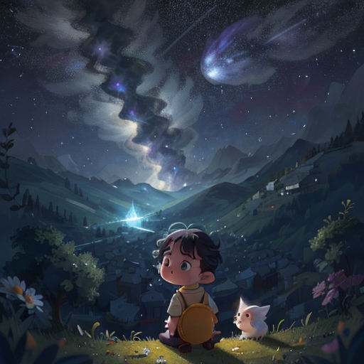a boy sitting on a hill looking at the stars in the sky above him and a cat sitting on the ground