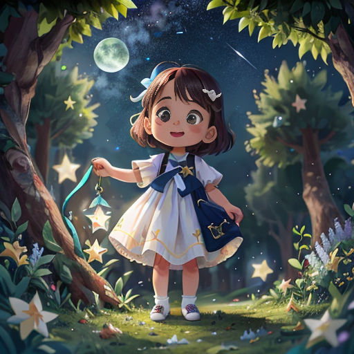 a little girl in a dress holding a string in a forest with stars and moon in the sky above