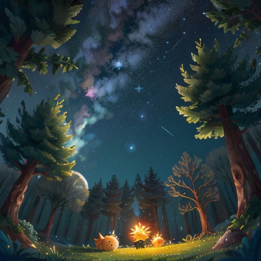 a night scene with a forest and stars in the sky and a cat sitting on the grass under the stars