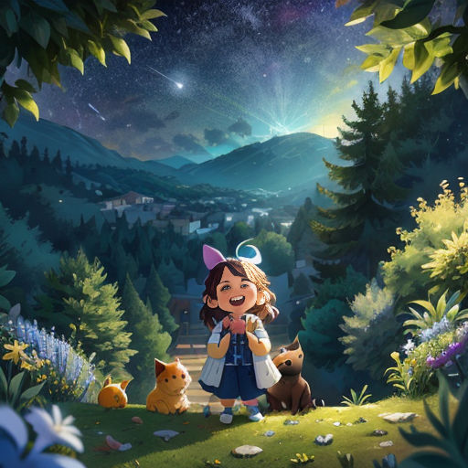 a girl and her cats in the forest with a night sky background and stars above her, and a forest scene with a full moon and stars above