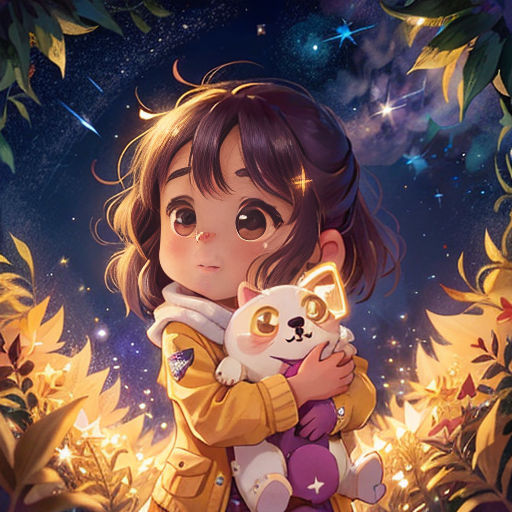 a girl holding a cat in her arms in front of a night sky with stars and leaves surrounding her