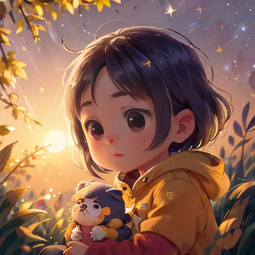 a little girl holding a teddy bear in a field of flowers at night with the sun shining down on her