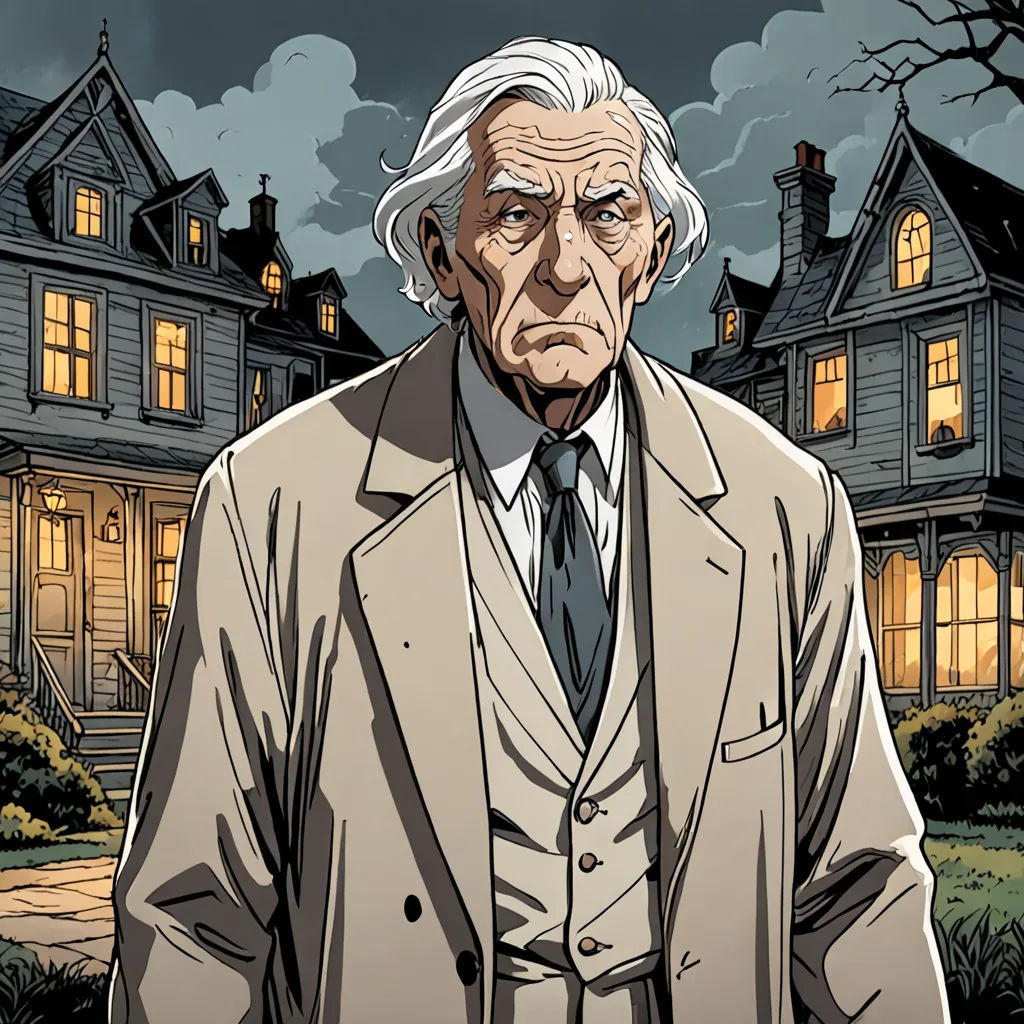a man in a suit and tie standing in front of a house with a creepy face on it's face, process art, a comic book panel, Colin Middleton, official art