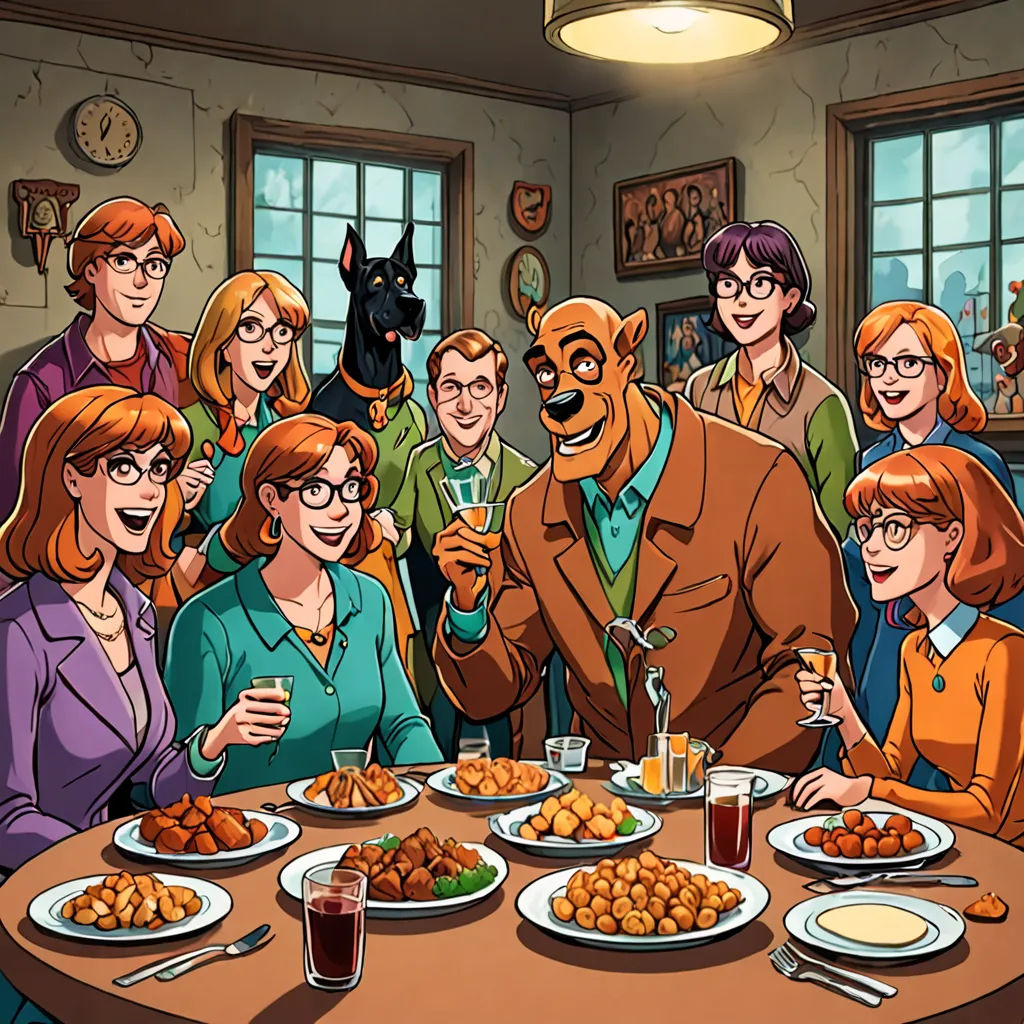 a group of people sitting around a table with food and drinks on it, and a dog standing behind them, lowbrow, a comic book panel, Art Brenner, official art